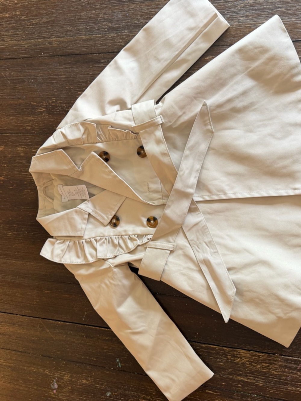 Babies Cream Double-Breasted Ruffle Trench Coat with Belt